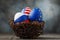 Three Easter eggs in a nest painted in colors of the flags of Russia, America and European Union on a wooden table