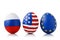 Three Easter eggs painted in the colors of flags of Russia, America and the European Union isolated on a white background