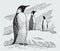 Three emperor penguins aptenodytes forsteri standing in a snowy landscape