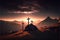 Three empty crosses on hilltop in the mountains, evening sunlight