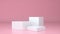 Three empty White stands and abstract Pink geometry background. Podium, pedestal, platform for cosmetic product presentation,