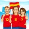 Three excited Spanish soccer fans in stadium