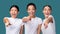 Three Excited Women Pointing Fingers Posing, Studio Shot, Panorama