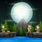 Three explorer children with campfire in the night scene