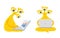 Three-eyed yellow alien character is sitting with laptop looks at the diagram. Face and profile. Flat color vector