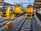 Three Fast Modern Passenger Commuter Transport Trains waiting at
