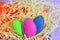 Three felt eggs. Bright felt eggs decorations. Easter eggs greeting card. Happy Easter eggs background. Easter table decorations