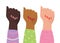 Three female hands in colorful blouses are raised up. Women of different nationalities together. Concept of feminism, symbol of