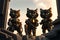 Three fierce and skilled SWAT cats on an urban battlefield in ruins, AI generated