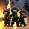 Three fierce and skilled SWAT cats on an urban battlefield in ruins, AI generated