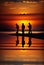 Three fishermen are standing on the shore of a reservoir with fishing rods and waiting for a bite, silhouettes are