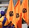 Three Flags with sikhism symbol called Khanda and a man with blu