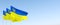Three flags of Ukraine on flagpole. Blue and yellow Ukrainian flag with coat of arms. State symbols of Ukraine. Trident. The flag
