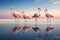 Three flamingos in the salt lake at sunset. 3d illustration, Four Flamingos walking across a sandbar in perfect unison, AI