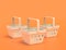 Three flat color shopping baskets side by side  on yellow orange background, white plastic, single color, 3d rendering