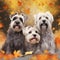 Three fluffy cute gray bearded terrier dogs walking in autumn park through the fallen leaves family ai generated