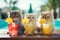 Three fluffy Persian cats with curious eyes peeking over a table with colorful summer cocktails garnished with fruits
