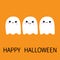 Three flying ghost spirit sad, smiling, showing tongue. Boo. Happy Halloween. Scary white ghosts. Cute cartoon spooky character. S