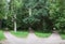 Three forest roads converge into one or diverge point of three ways. Gatchina, Russia