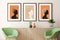 three framed art prints on the wall above a green chair