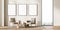 Three framed mockup posters in villa living room design interior, beige furniture on bright wall, wood floor, Two armchairs.