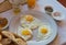 Three fried eggs on white plate for breakfast