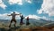 Three Friend Jumping Holding Hands Mountains Elbrus Landscape On Background. Lifestyle Travel Happy Emotions Success Concept Summe