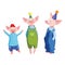 Three friends cute cartoon dressed pigs in festive caps
