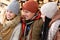 Three friends laughing winter outdoor clothes