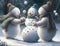 Three friends playing a game of snowman bowling mittens filled with snowballs as they take turns trying to knock