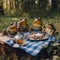 Three frogs sitting on top of a table with food. Generative AI image.