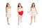 Three full length portraits of a beautfiul young woman wearing a short skirt and a summer top