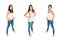 Three full length portraits of a gorgeous young woman wearing blue jeans and white top