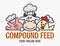 Three funny animal chefs. Compound feed logo. Chicken  cow and pig icon