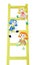Three funny doll on a wooden ladder