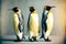 three funny emperor penguin stand side by side and turn in different directions