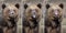 Three funny portrait brown bear in the forest up close. Wild animal in the natural habitat