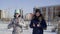 Three funny teen girl in goggles swimming outdoor on winter industrial city landscape. Cute girl teenager like swimming