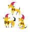 Three funny yellow dogs In red festive caps.