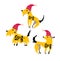 Three funny yellow dogs In red festive caps.