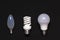 Three generations of light bulbs on a black background: ordinary light bulb, helium and LED lamps. Place for text, copy space. The