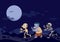 Three ghosts cartoon, Frankenstein mummy and skeleton at night