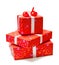 Three gifts in red packing on white background