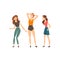 Three Girlfriends, Cute Joyful Friends Having Fun Together, Female Friendship Concept Vector Illustration