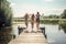 Three girls jumping on a wooden pier on the lake in summer. Generative AI