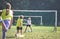 Three girls play football in trening centar