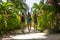 Three girls in shorts walking towards the beach with their hands in the air