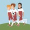 Three girls soccer players with ball vector cartoon