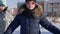 Three girls in swimming glasses outdoor at sunny winter day