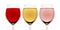 Three glasses of red, white and pink wine,  isolated on white background. Wineglass close-up